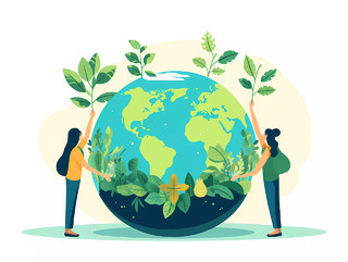 世界地球日女孩们爱护地球保护环境插画